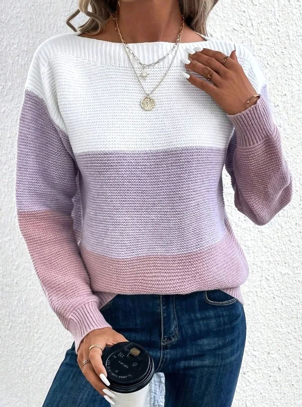 Color Block Knit Sweater – Boat Neck Relaxed Pullover