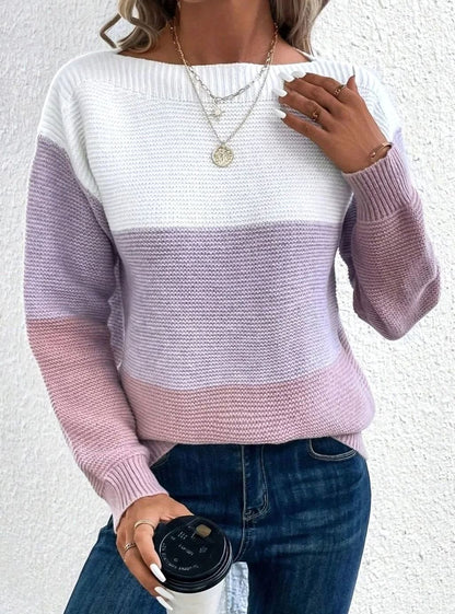 Color Block Knit Sweater – Boat Neck Relaxed Pullover