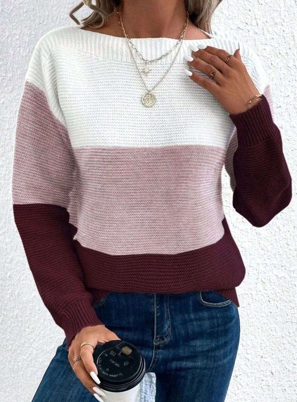 Color Block Knit Sweater – Boat Neck Relaxed Pullover