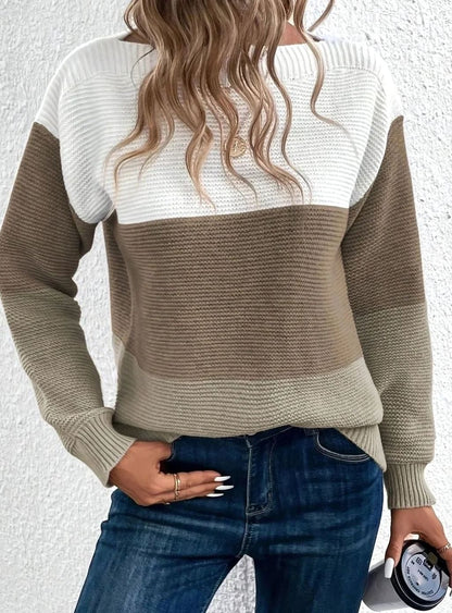 Color Block Knit Sweater – Boat Neck Relaxed Pullover