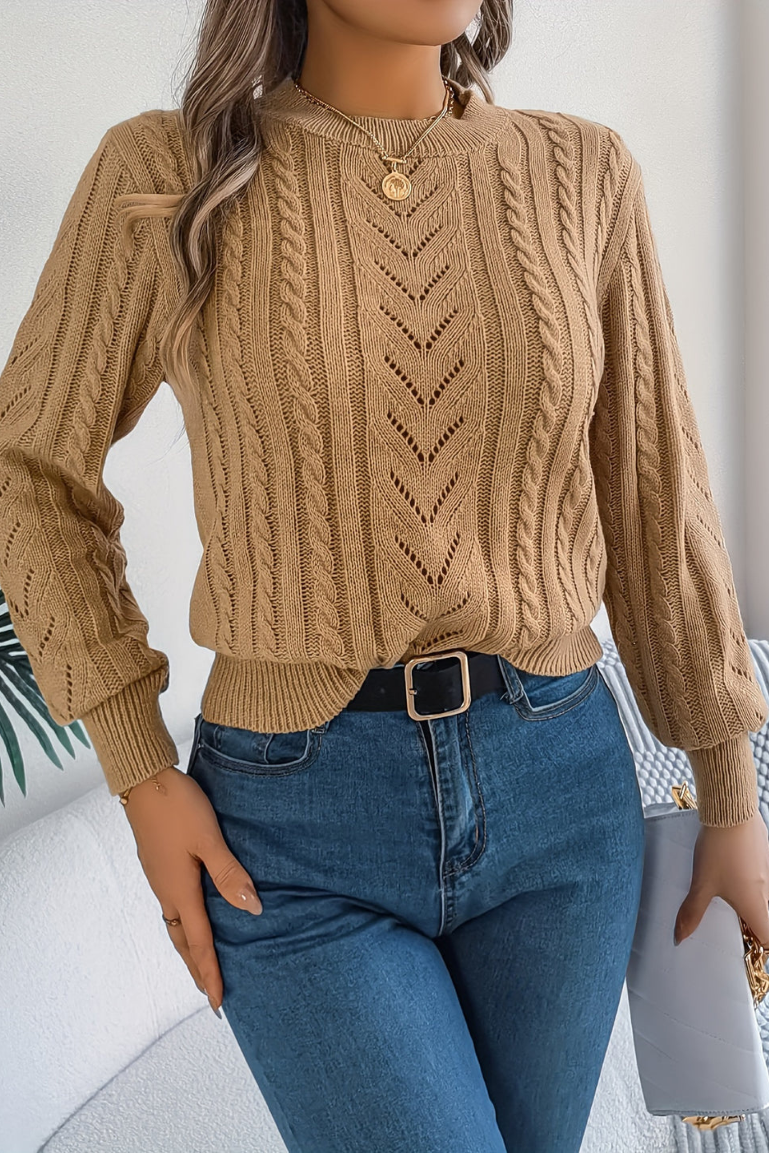 Cable Knit Pullover Sweater – Chevron Crew Neck Puff Sleeve