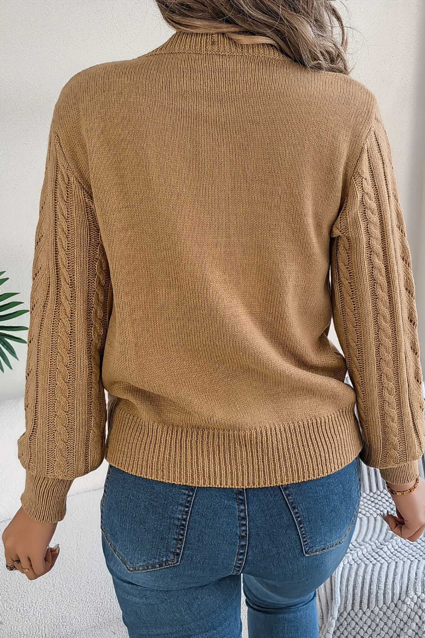 Cable Knit Pullover Sweater – Chevron Crew Neck Puff Sleeve