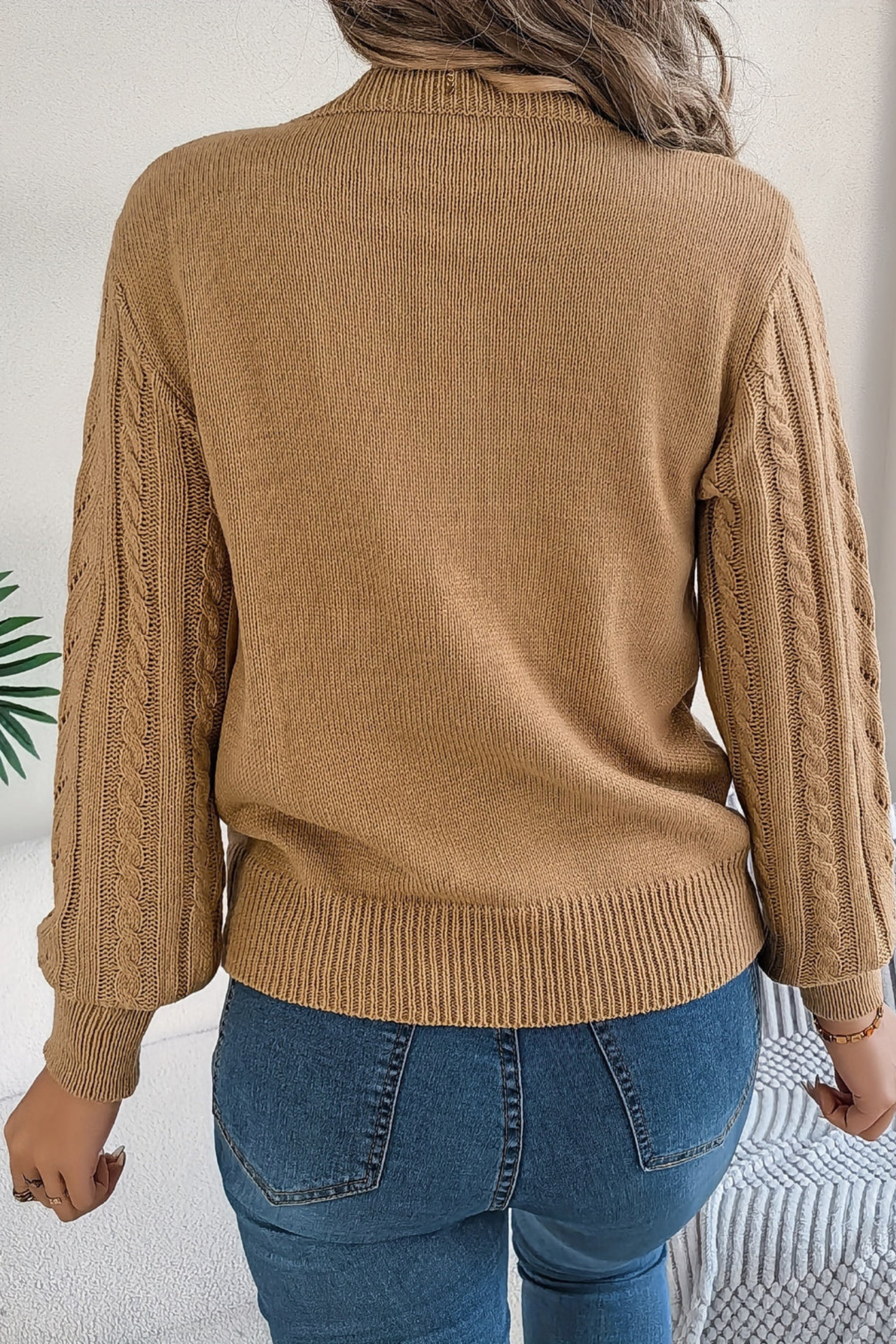 Cable Knit Pullover Sweater – Chevron Crew Neck Puff Sleeve
