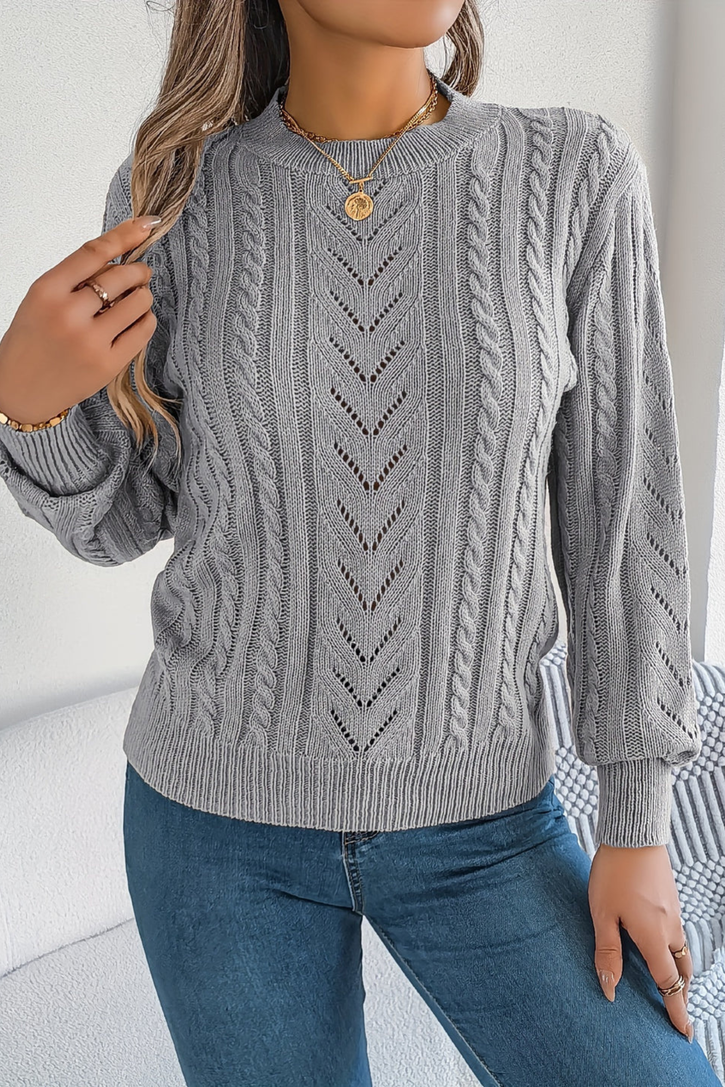 Cable Knit Pullover Sweater – Chevron Crew Neck Puff Sleeve
