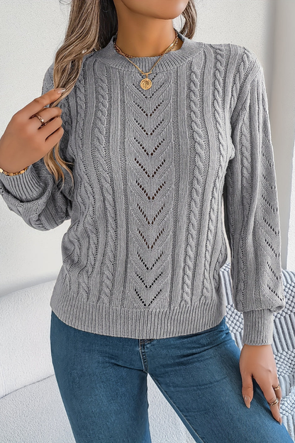 Cable Knit Pullover Sweater – Chevron Crew Neck Puff Sleeve