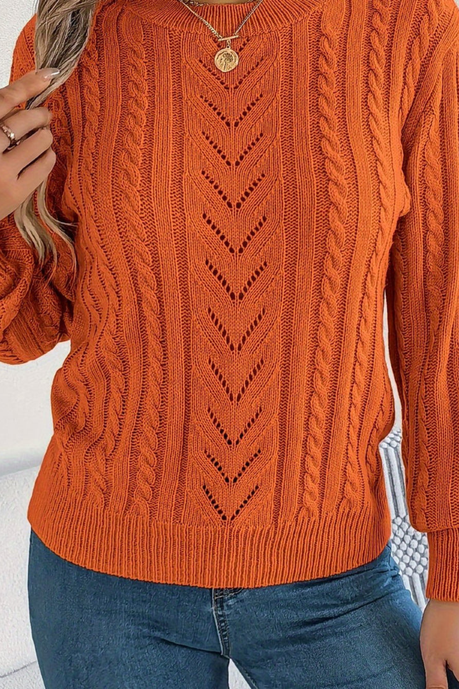 Cable Knit Pullover Sweater – Chevron Crew Neck Puff Sleeve