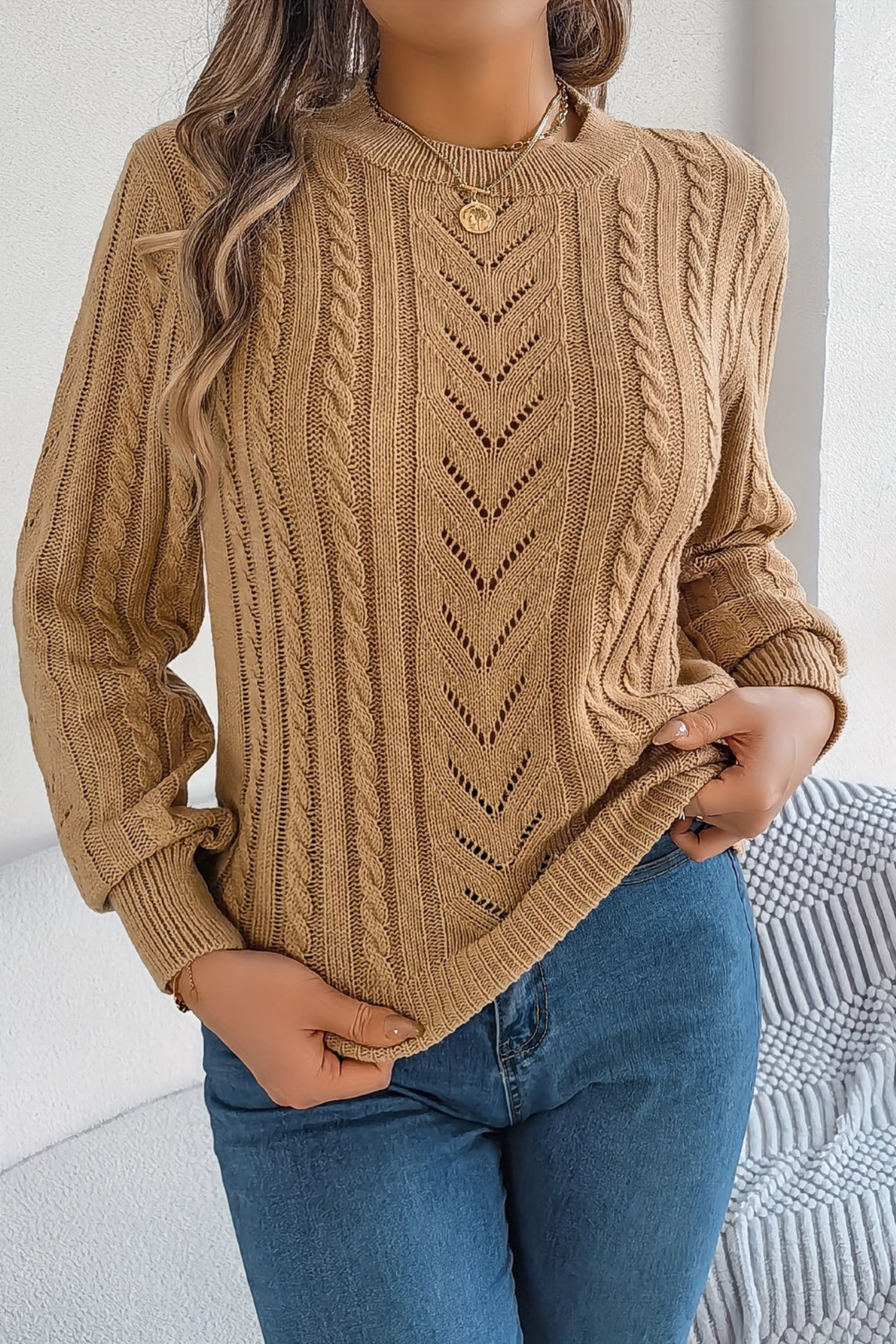 Cable Knit Pullover Sweater – Chevron Crew Neck Puff Sleeve