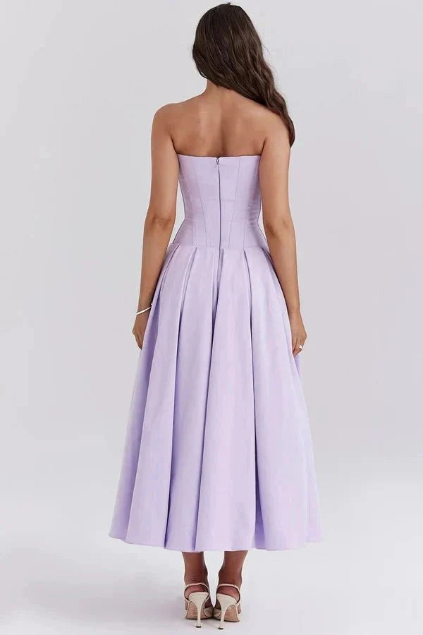Women's Strapless Corset Midi Dress – Sweetheart Neckline A-Line Party Dress