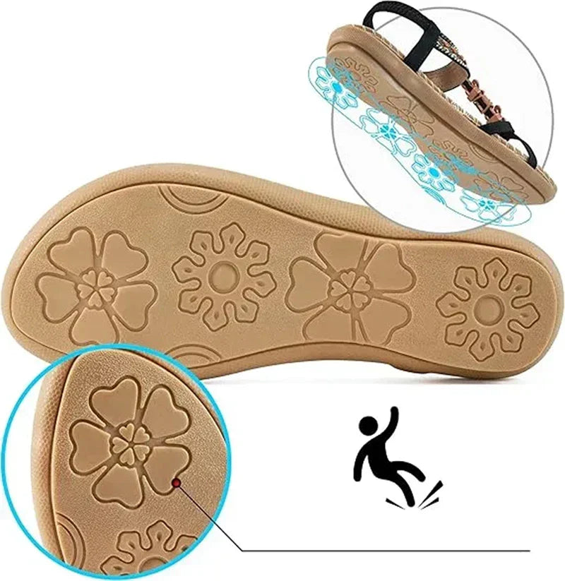 Boho Beaded Flat Sandals – Rhinestone Elastic Ankle Strap Summer Sandals