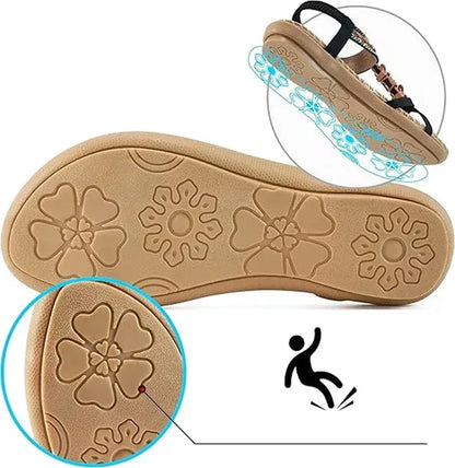 Boho Beaded Flat Sandals – Rhinestone Elastic Ankle Strap Summer Sandals