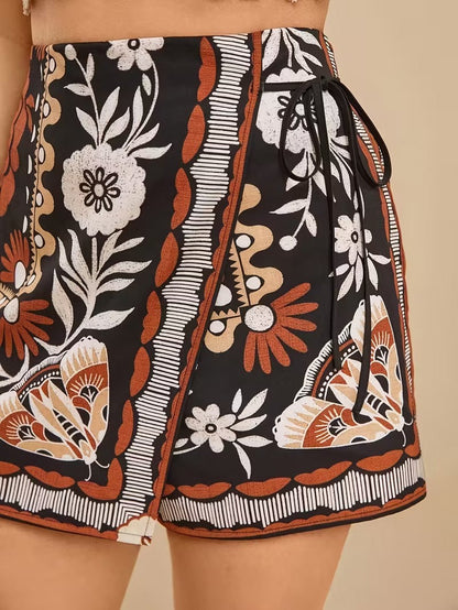 Floral Print Wrap Shorts – Boho High-Waist Side-Tie Mini