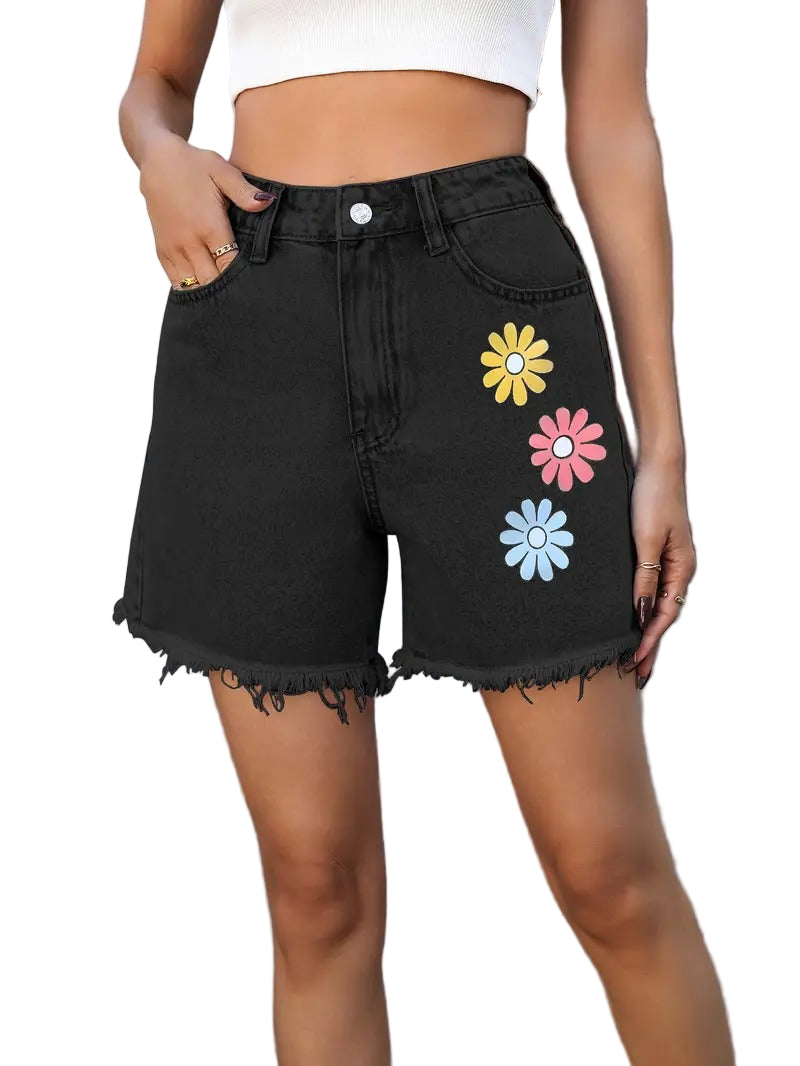 High Waist Floral Denim Shorts – Frayed Hem Raw Cut Jean Shorts