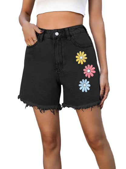 High Waist Floral Denim Shorts – Frayed Hem Raw Cut Jean Shorts