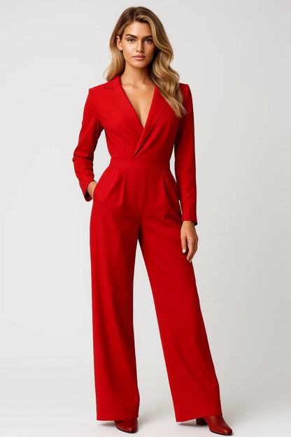 Wide-Leg Blazer Jumpsuit – Long Sleeve Deep V-Neck Formal