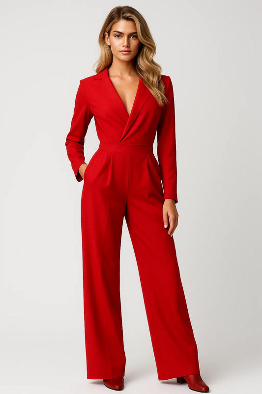 Wide-Leg Blazer Jumpsuit – Long Sleeve Deep V-Neck Formal