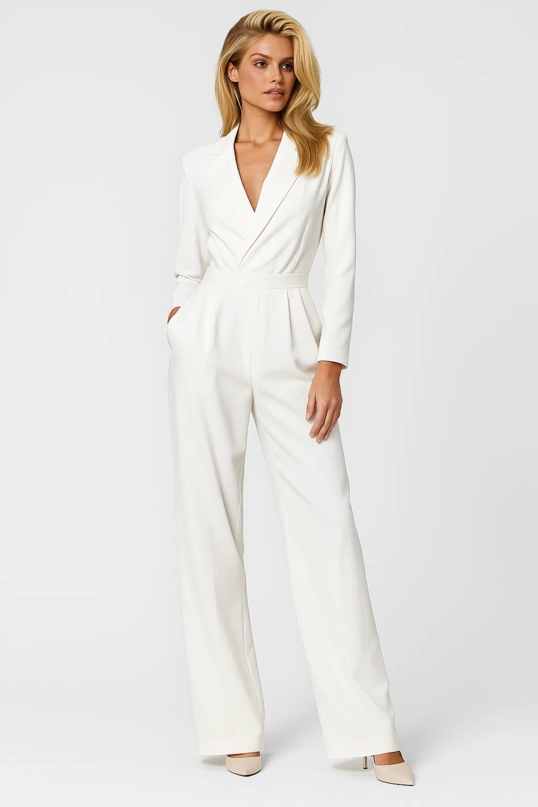 Wide-Leg Blazer Jumpsuit – Long Sleeve Deep V-Neck Formal