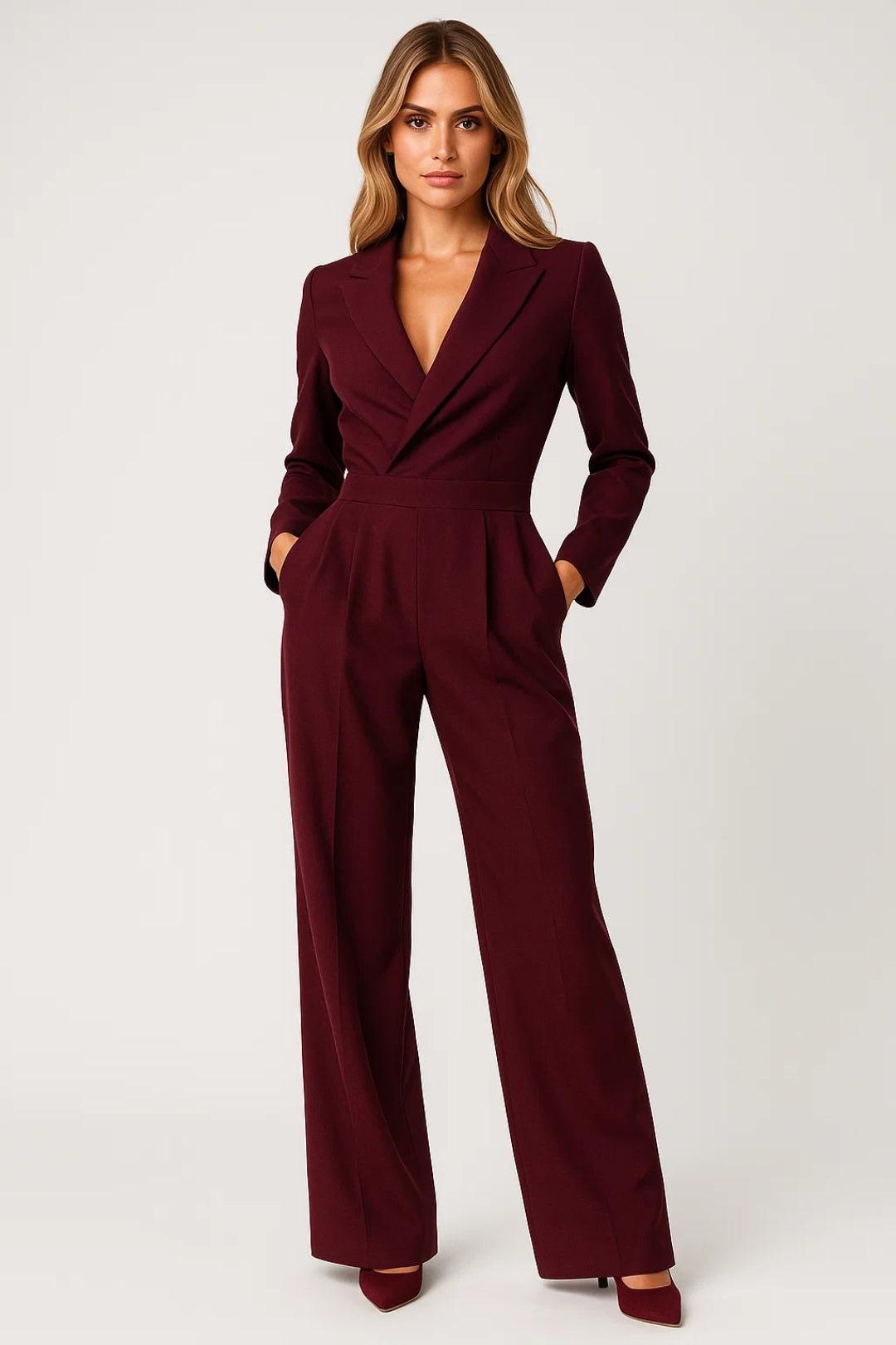 Wide-Leg Blazer Jumpsuit – Long Sleeve Deep V-Neck Formal