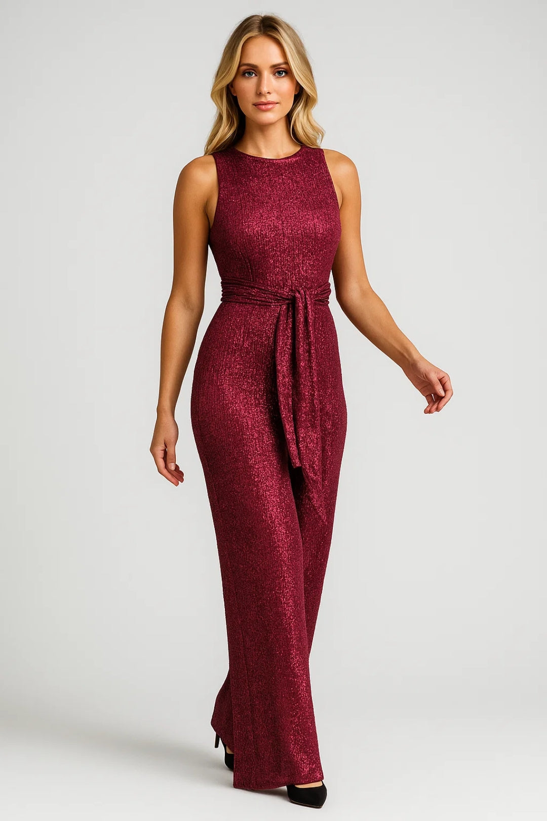 Sequin Sleeveless Jumpsuit – Wide-Leg Tie-Waist Formal Evening Jumpsuit