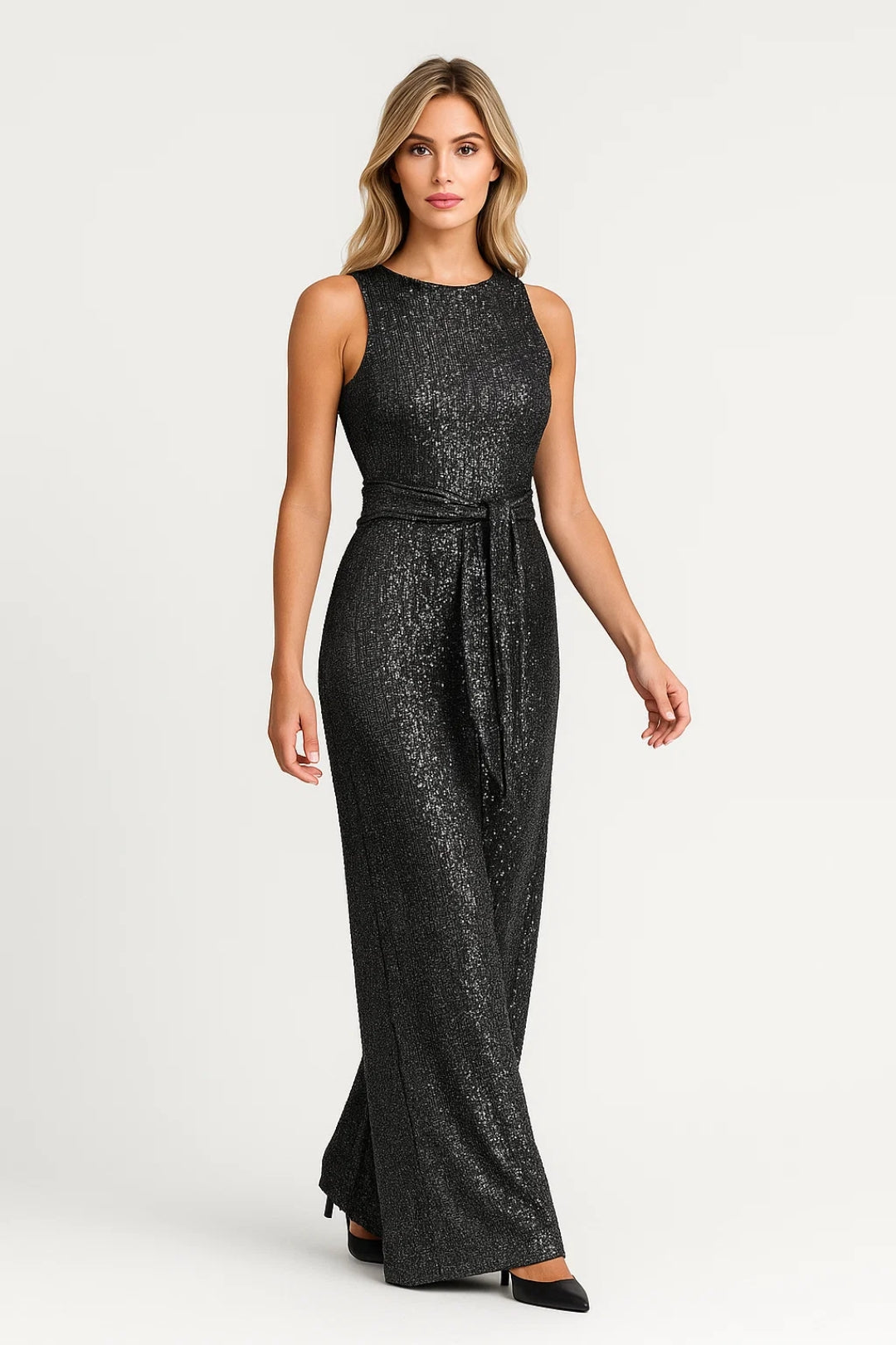 Sequin Sleeveless Jumpsuit – Wide-Leg Tie-Waist Formal Evening Jumpsuit