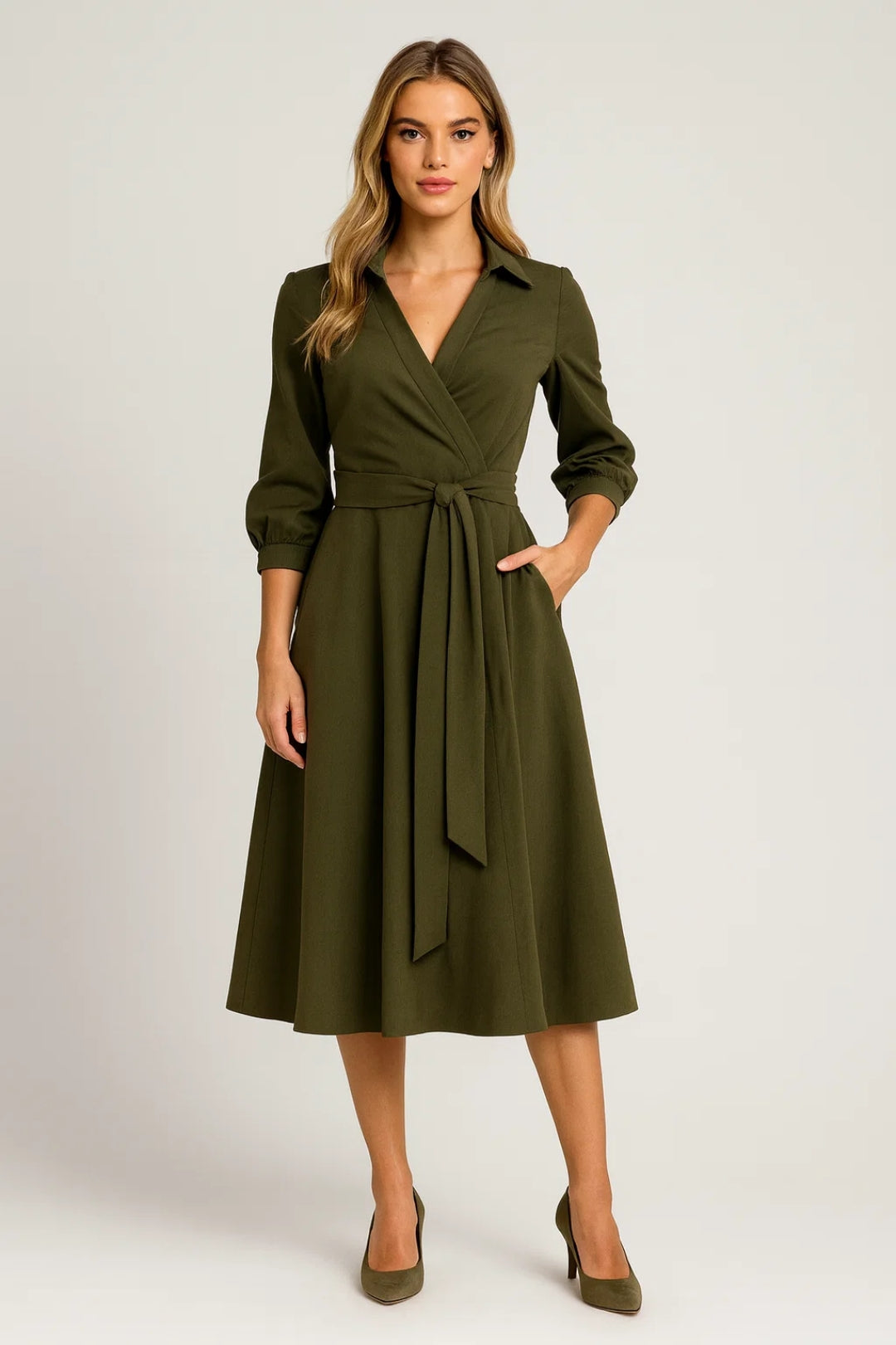 Wrap Midi Dress – A-Line 3/4 Sleeve Collared Tie Waist
