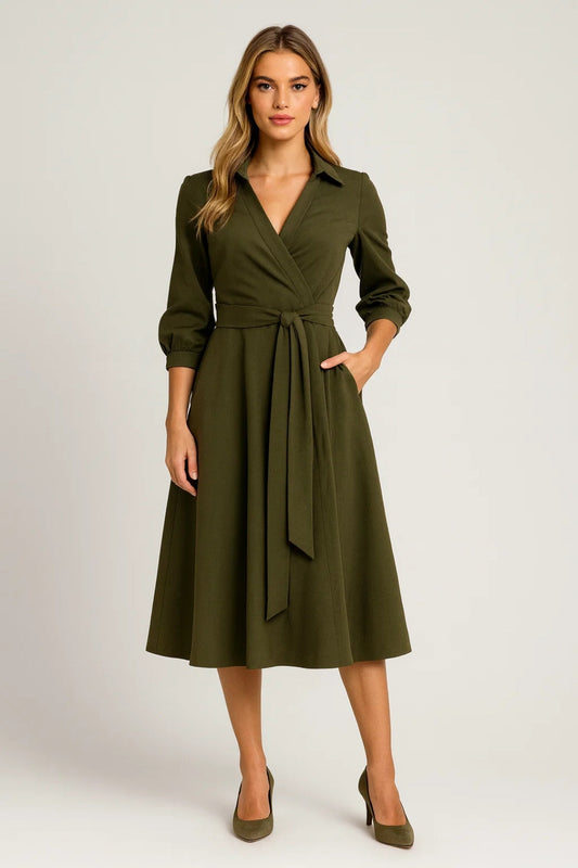 Wrap Midi Dress – A-Line 3/4 Sleeve Collared Tie Waist