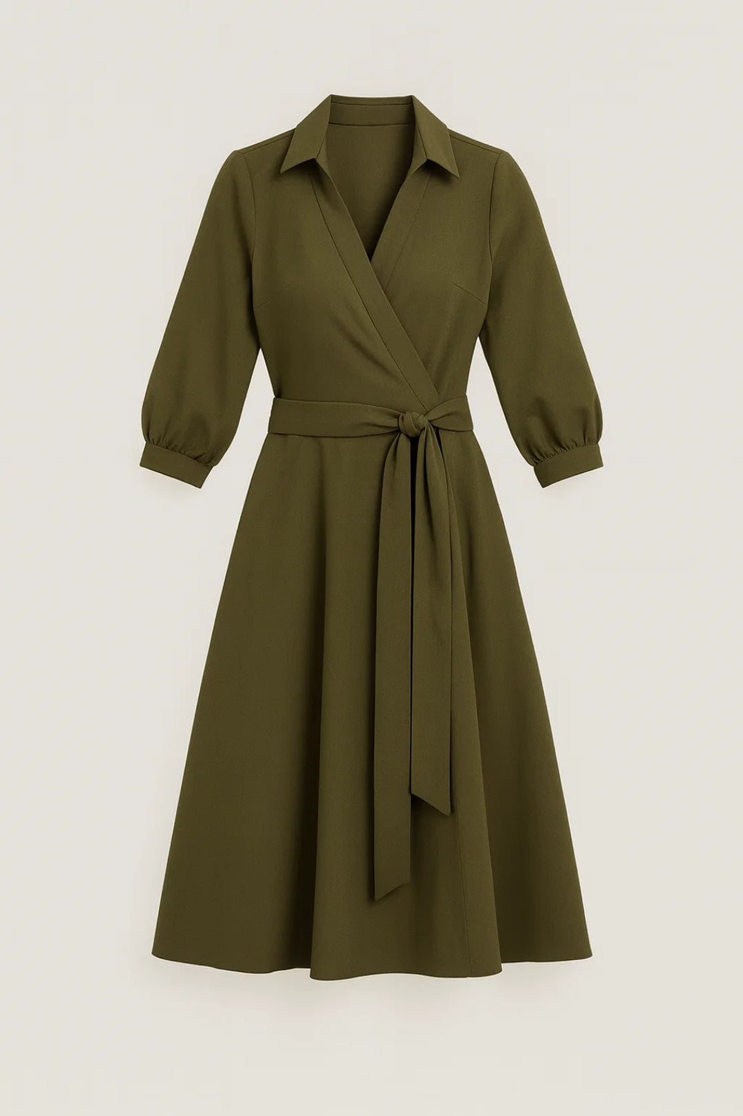 Wrap Midi Dress – A-Line 3/4 Sleeve Collared Tie Waist