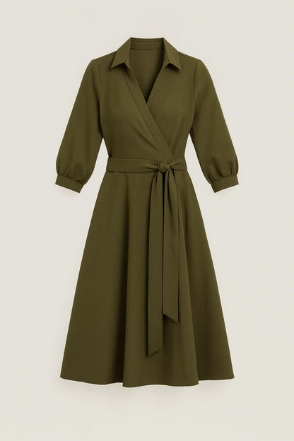 Wrap Midi Dress – A-Line 3/4 Sleeve Collared Tie Waist