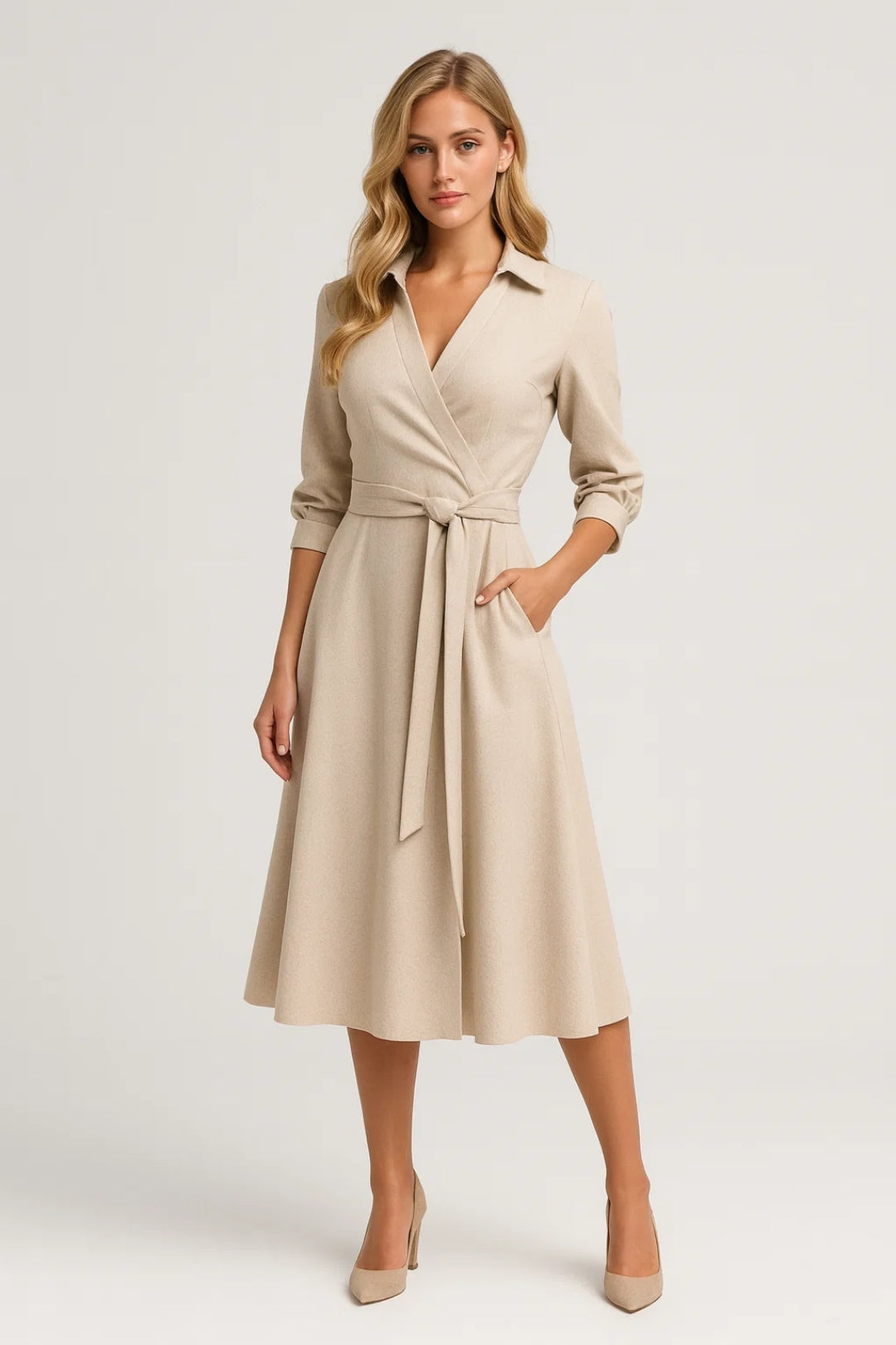 Wrap Midi Dress – A-Line 3/4 Sleeve Collared Tie Waist