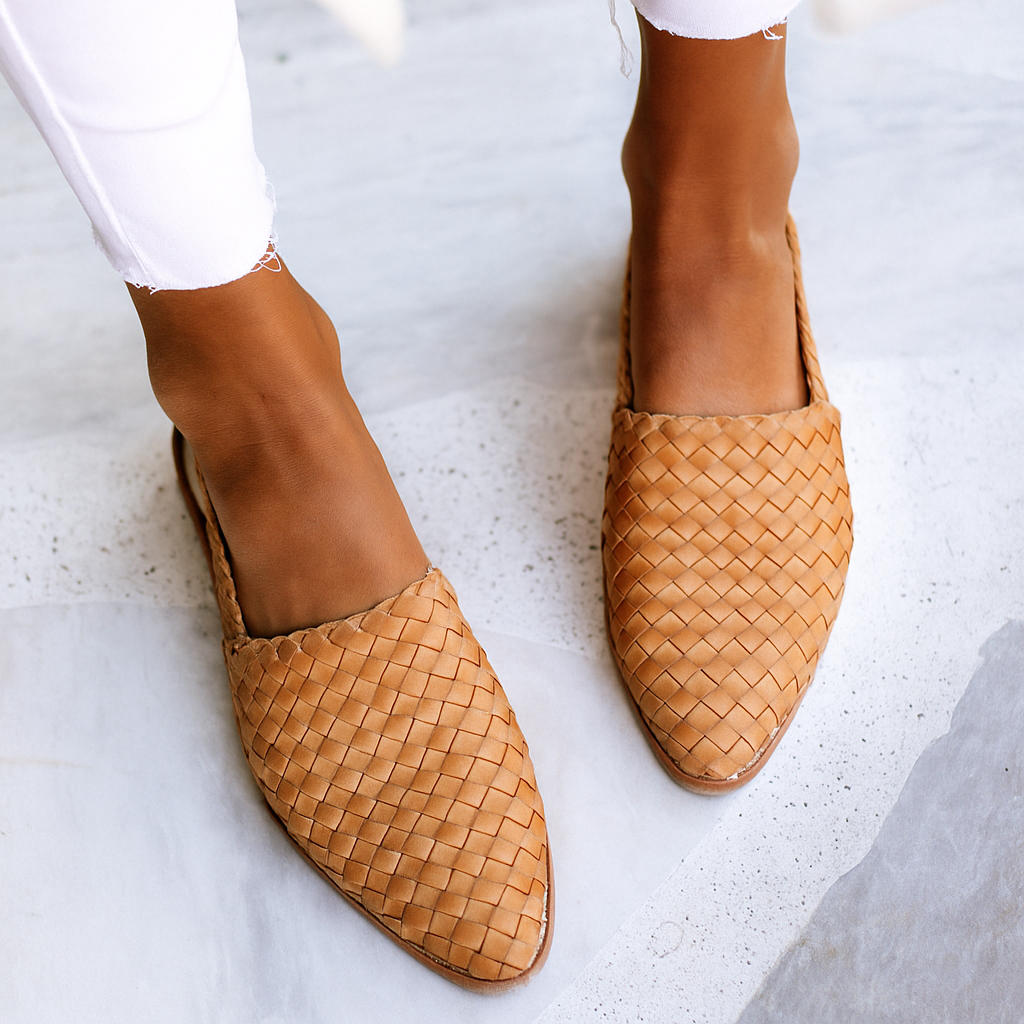 Woven Leather Flat Mules – Pointed Toe Slip-On Flats