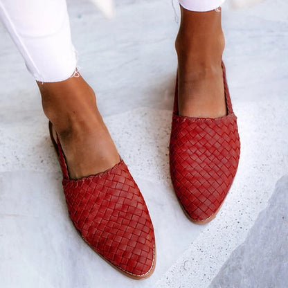 Woven Leather Flat Mules – Pointed Toe Slip-On Flats