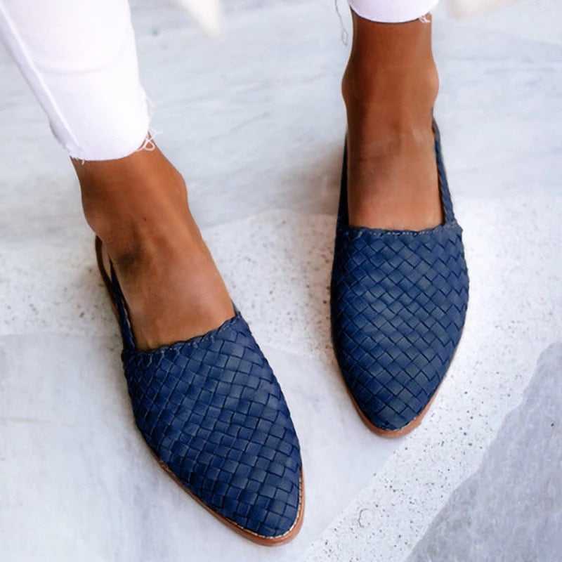 Woven Leather Flat Mules – Pointed Toe Slip-On Flats