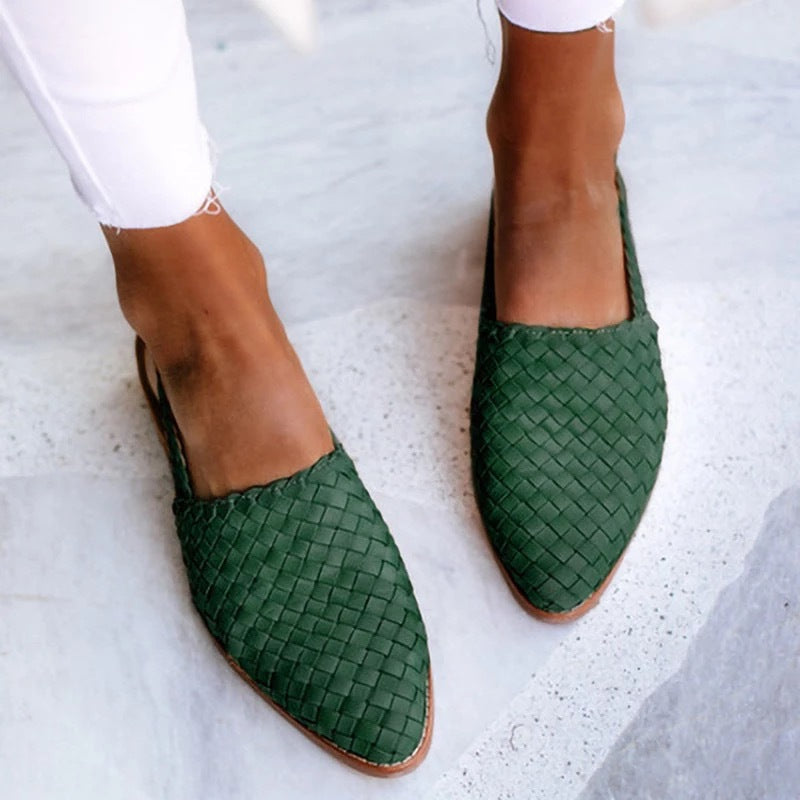 Woven Leather Flat Mules – Pointed Toe Slip-On Flats