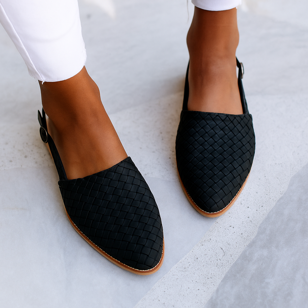 Woven Leather Flat Mules – Pointed Toe Slip-On Flats