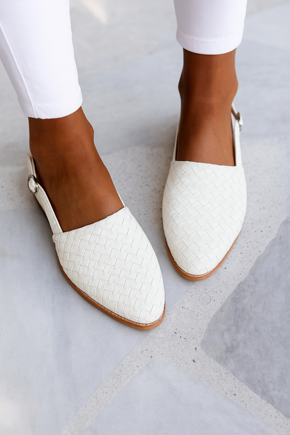 Woven Leather Flat Mules – Pointed Toe Slip-On Flats