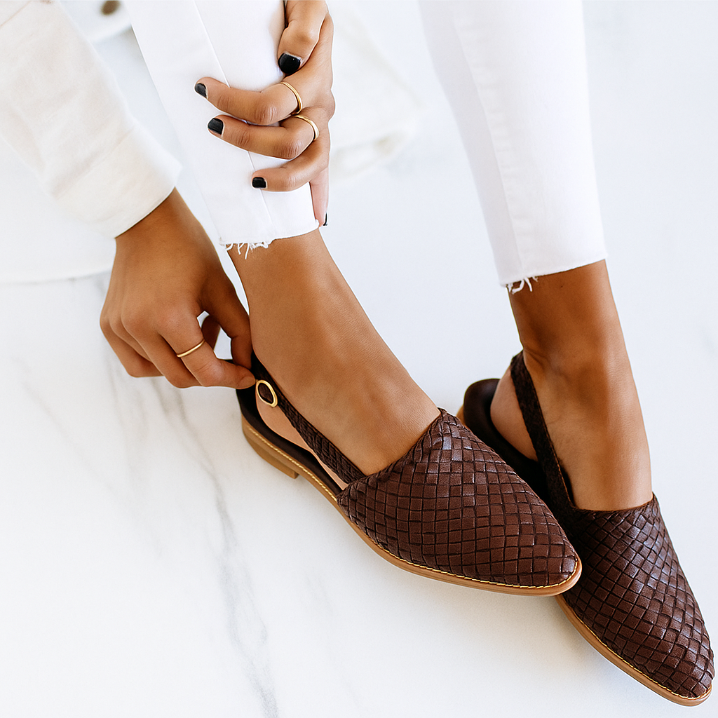 Woven Leather Flat Mules – Pointed Toe Slip-On Flats