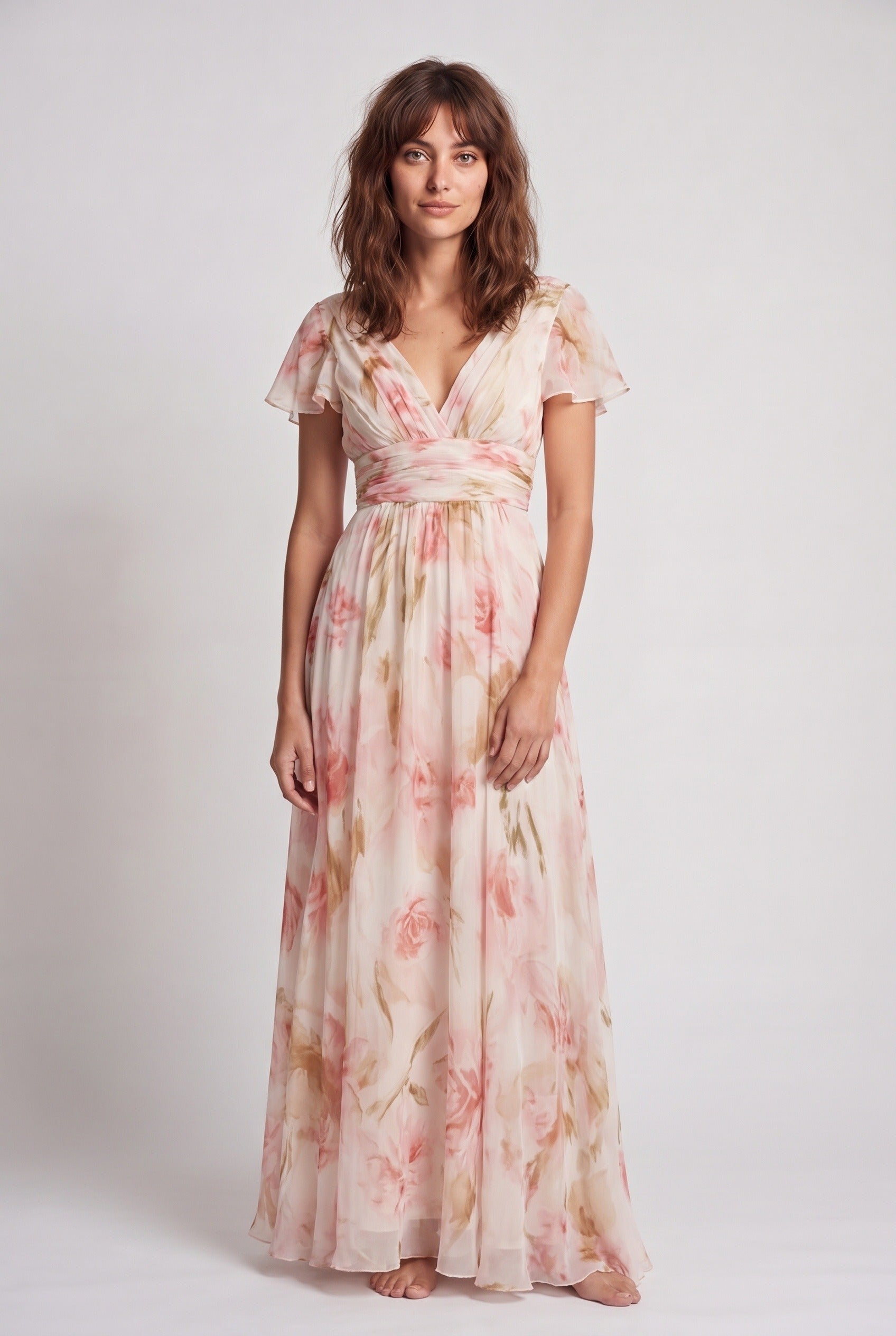 Women's Floral Maxi Dress – V-Neck Tiered Flowy Wedding Guest Dress