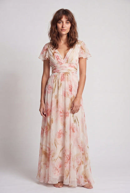 Women's Floral Maxi Dress – V-Neck Tiered Flowy Wedding Guest Dress