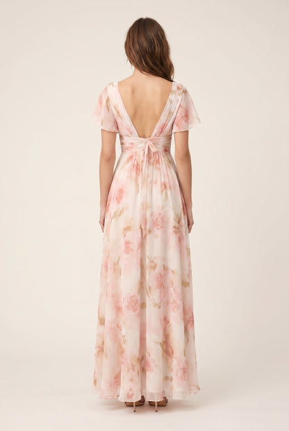 Women's Floral Maxi Dress – V-Neck Tiered Flowy Wedding Guest Dress