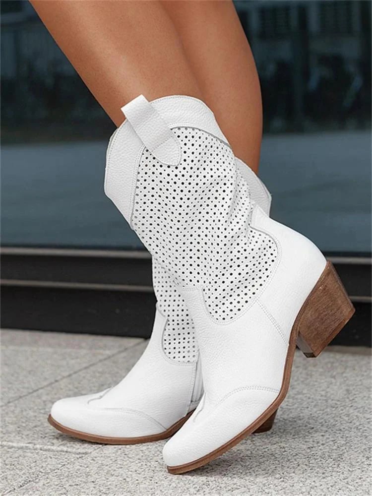 Suede Perforated Western Boots – Mid-Calf Block Heel Cowboy Boots