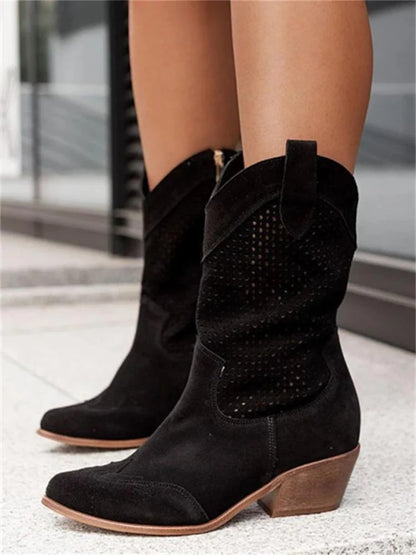 Suede Perforated Western Boots – Mid-Calf Block Heel Cowboy Boots