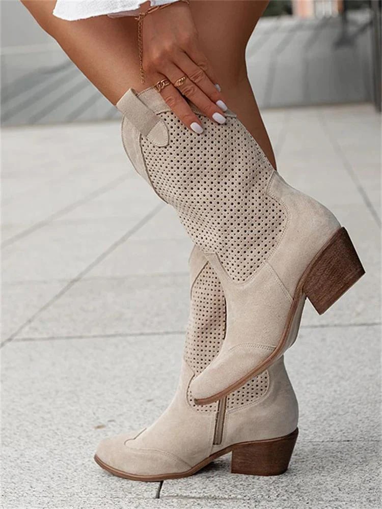Suede Perforated Western Boots – Mid-Calf Block Heel Cowboy Boots