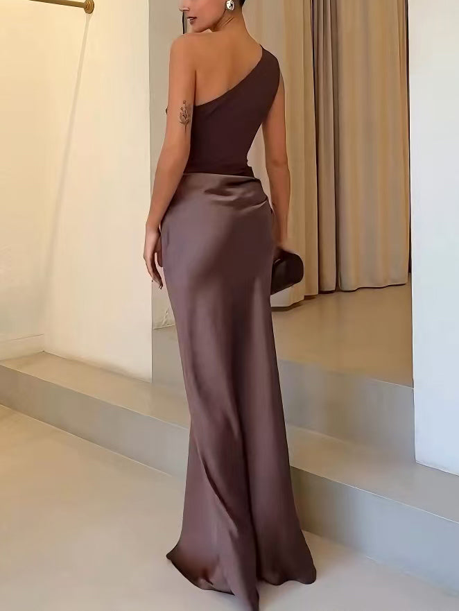 One Shoulder Ruched Satin Maxi Dress – Sleeveless Formal Wedding Guest Gown