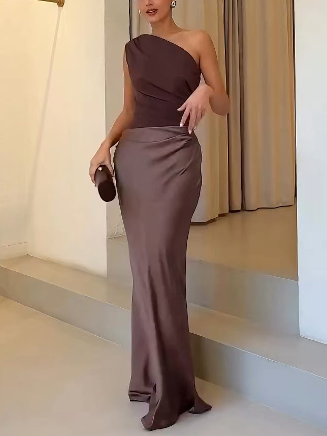 One Shoulder Ruched Satin Maxi Dress – Sleeveless Formal Wedding Guest Gown