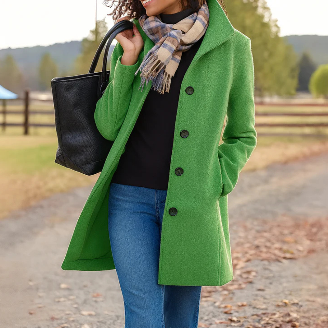 Wool-Blend Midi Coat – Women's Button-Front High Collar Winter Coat
