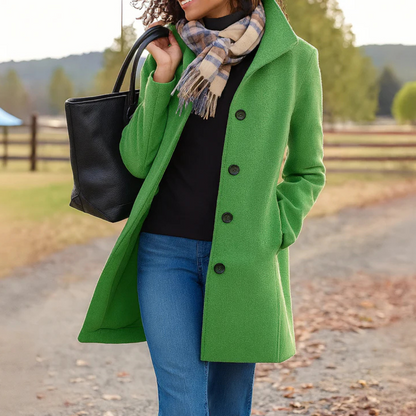 Wool-Blend Midi Coat – Women's Button-Front High Collar Winter Coat