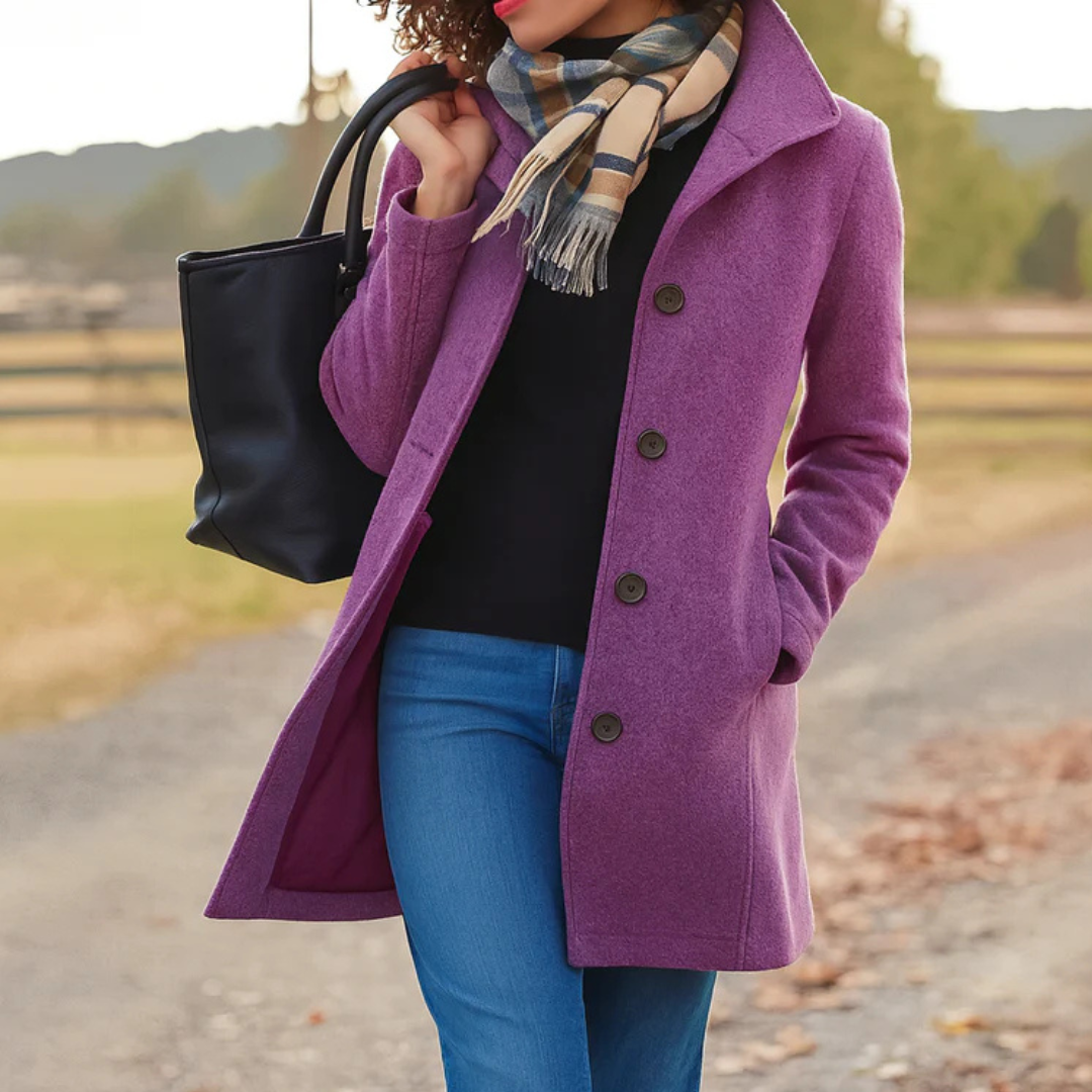 Wool-Blend Midi Coat – Women's Button-Front High Collar Winter Coat
