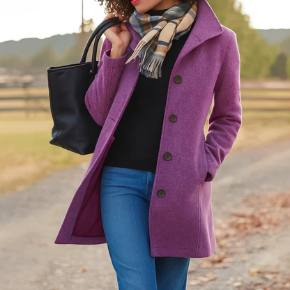 Wool-Blend Midi Coat – Women's Button-Front High Collar Winter Coat