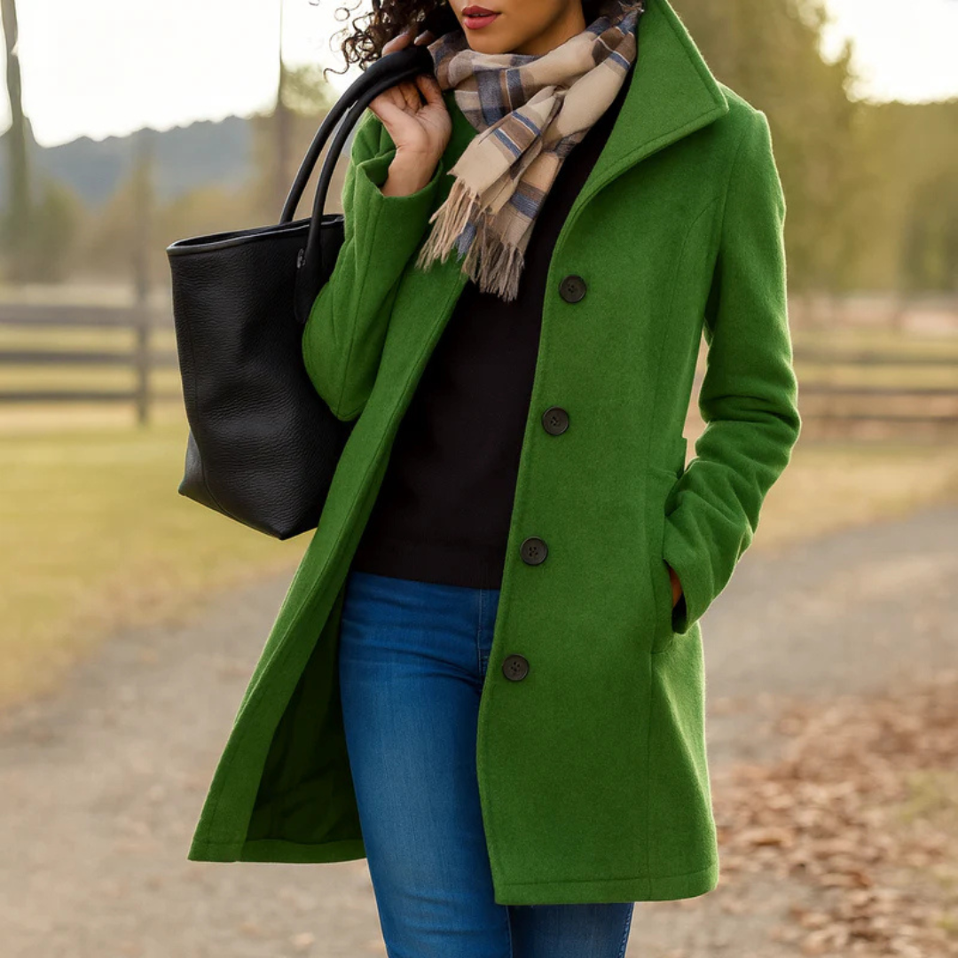 Wool-Blend Midi Coat – Women's Button-Front High Collar Winter Coat