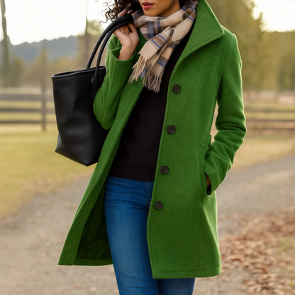 Wool-Blend Midi Coat – Women's Button-Front High Collar Winter Coat