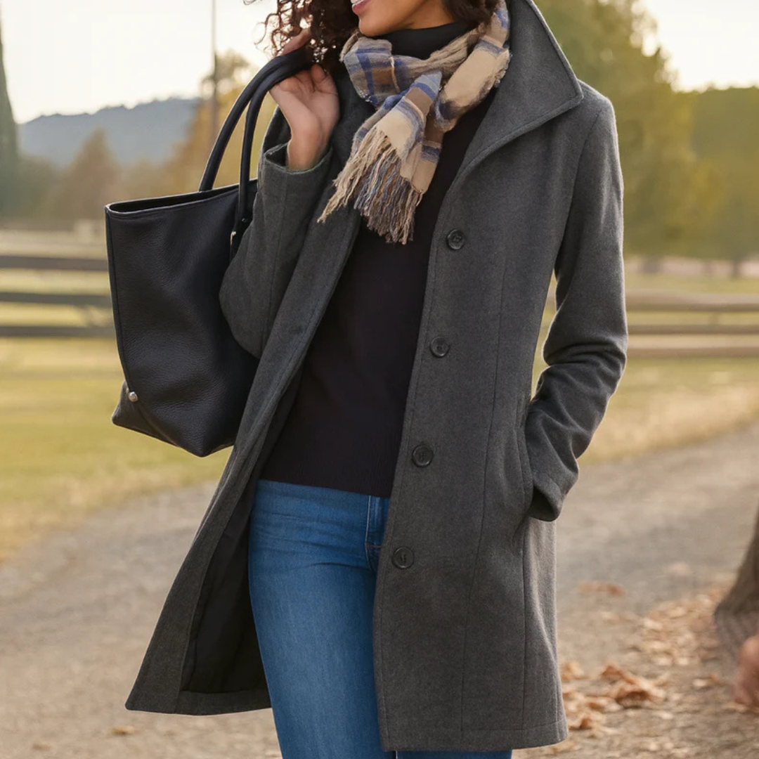Wool-Blend Midi Coat – Women's Button-Front High Collar Winter Coat